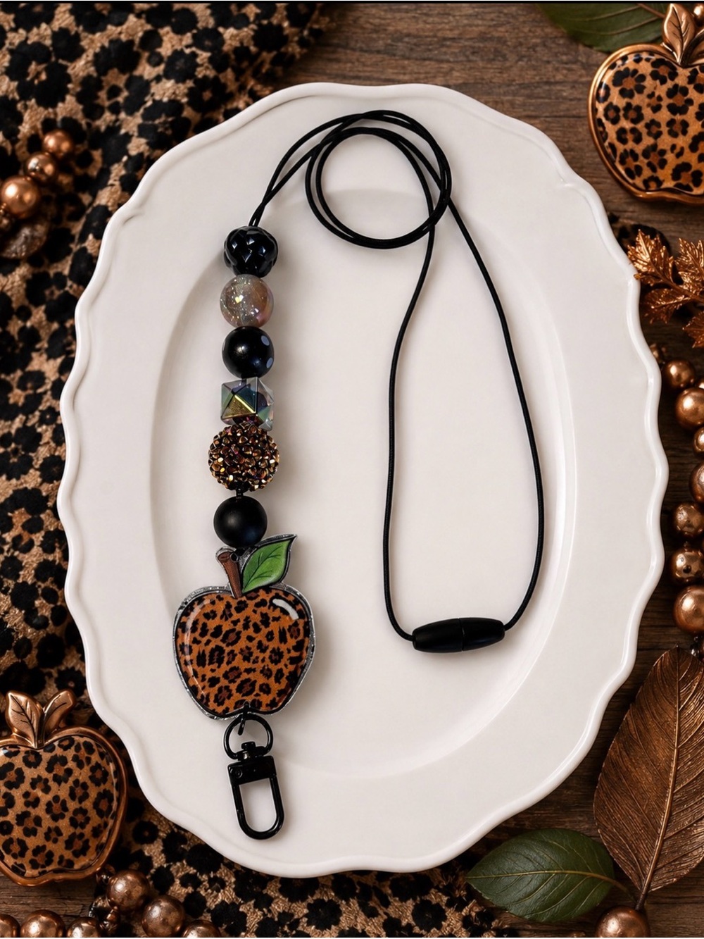 Hand Crafted Leopard Apple Pendant Lanyard  - Black & Brown
